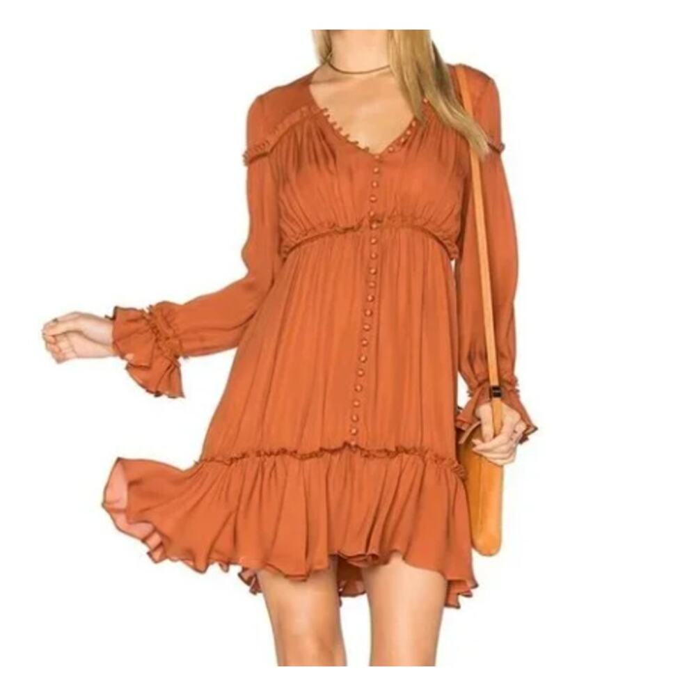 Cinq à Sept Dress Ashburn Silk Layered Ruffle cuffs Mini‎ Women's Brown Size XS